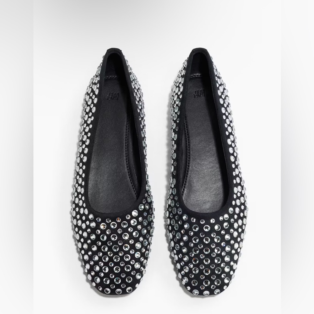 H&M Black Ballet Flats with Silver Crystal Studs